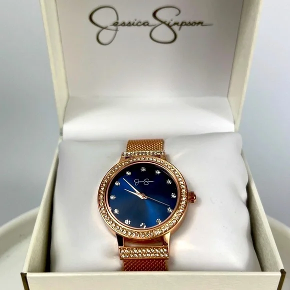 Jessica Simpson Rose Gold Mesh Blue Face With Crystal Accents NEW NWT Jessica Simpson Rose Gold Tone 36mm | Mercari main image 4